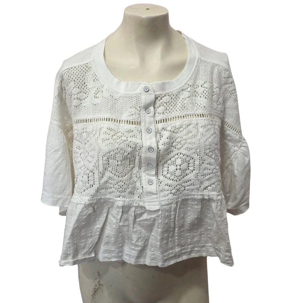 Pilcro Anthropologie White Crochet Lace Peplum Top Cotton Boho MP Petite Medium